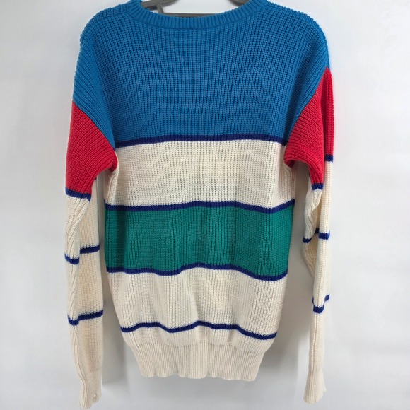 Vintage Ocean Pacific Med Striped Crew‎ Neck Long Sleeve Sweater Blue Red Green - Picture 2 of 7